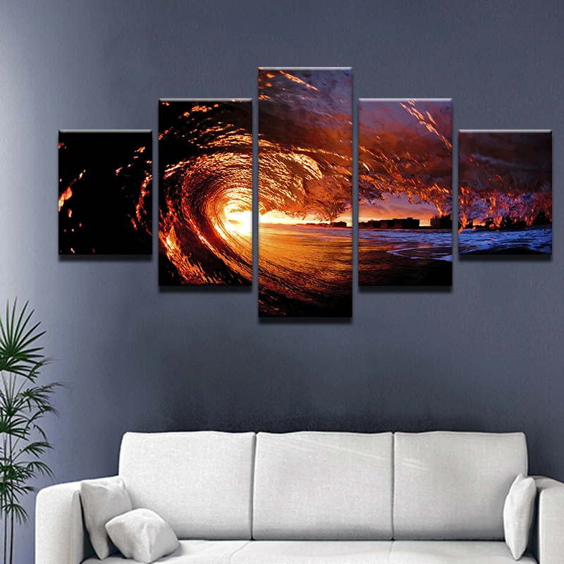 Modern Canvas Wall Art Pictures Frame Home Decor HD Printed 5 Pieces Sunset Sea Waves Poster Beach Sun Seascape Painting | Дом и сад