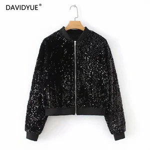 Куртка женская с блестками, черный бомбер на молнии с длинным рукавом, повседневная винтажная уличная одежда в Корейском стиле, осень 2021
