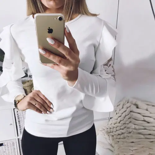 Женская Кружевная футболка с длинным рукавом Повседневная Однотонная круглым