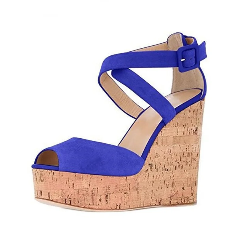 

Fashion Blue Women Wedge Sandals Cut-out Ankle Warp Buckle High Heeled Dress Shoes Big Size 10 Gladiator Sandals Shoes Free Ship