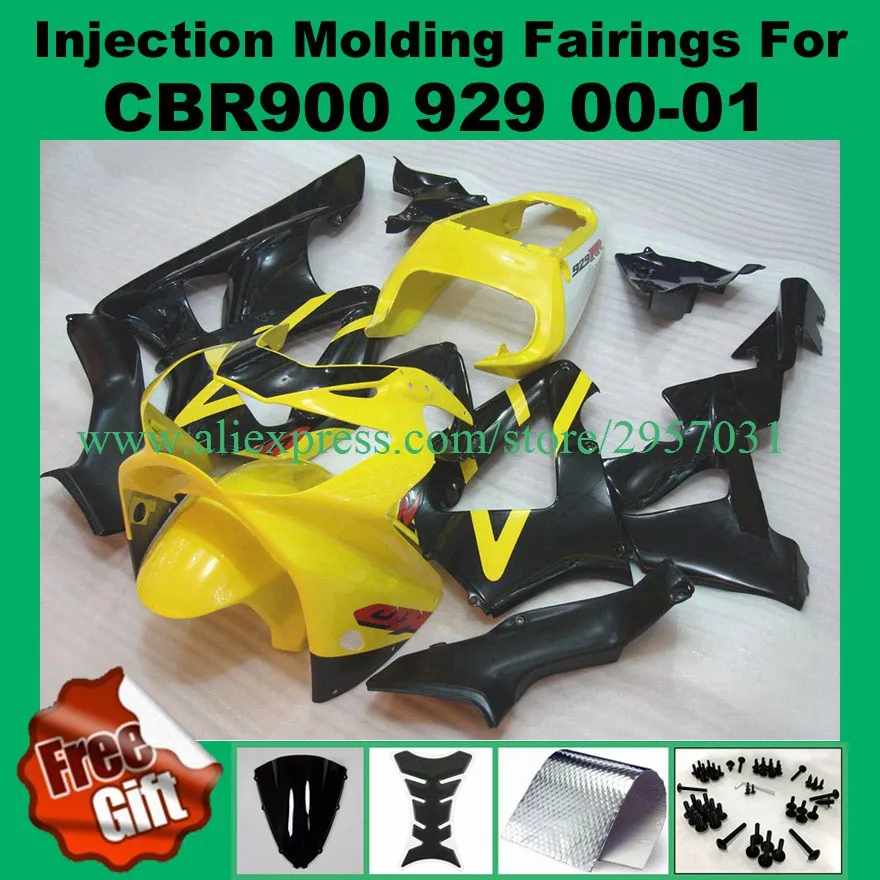 

Free screws+gifts Injection mold Fairing Kit for HONDA CBR900RR 929 00 01 Yellow Black CBR 900RR 2000 2001 CBR900 ABS Fairing