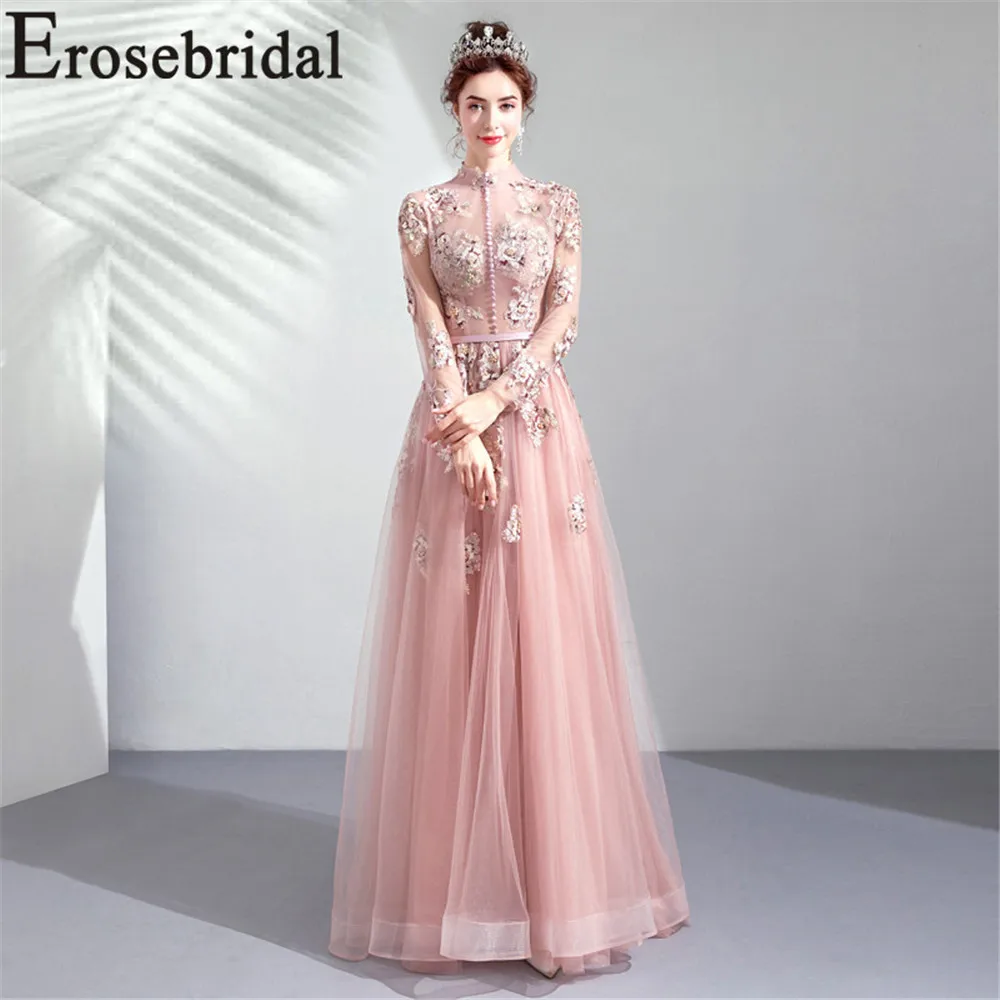 Женское вечернее платье Erosebridal длинное кружевное на кнопках с высоким воротником