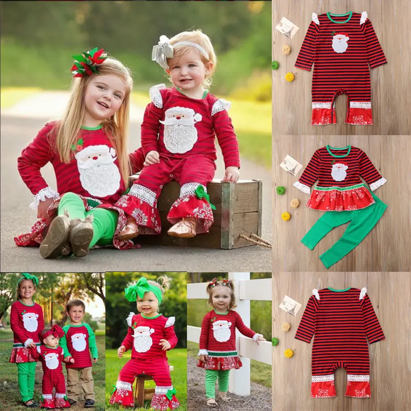 PUDCOCO Newest Happy XMAS Little/Big Sister Matching Newborn Baby Girl Christmas Striped Rompers Tops Pants Cotton Outfits Set | Мать и