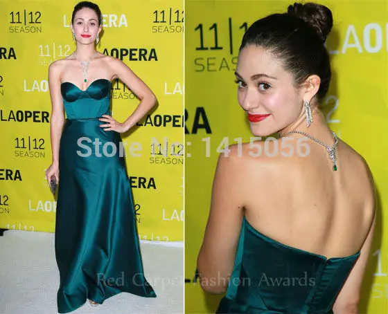 Emmy Rossum Sweetheart Strapless Floor Length Dark Green Satin Celebrity Party Dress Prom | Свадьбы и торжества