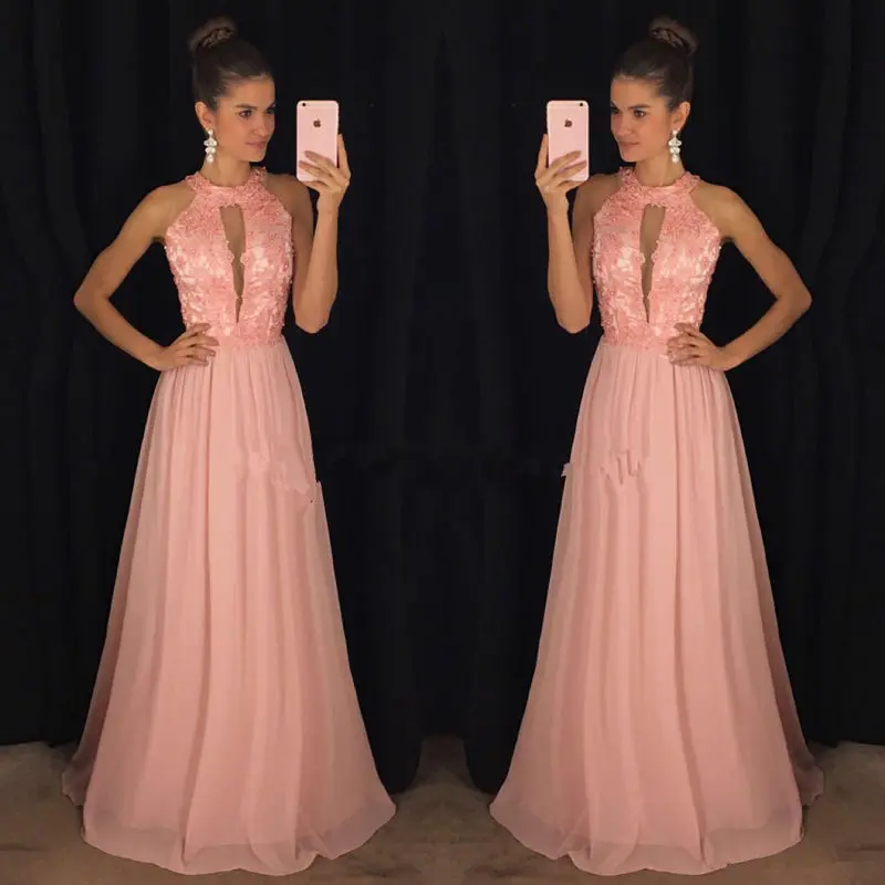 Розовое вечернее платье с лямкой на шее ТРАПЕЦИЕВИДНОЕ длинное шифоновое для