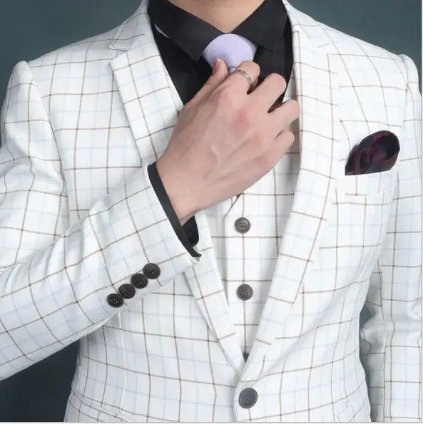 One Button White Plaid Men Suits Slim Fit Korean casual Blazer business dress/men wedding suits 2017(jacket+pant+vest)