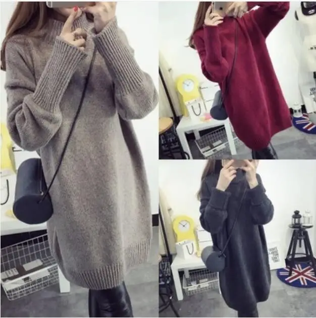 2019 autumn winter long sweater skirt high collar thickening set Korean version of the loose line wool dress woman | Женская одежда