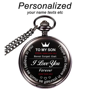Персонализированные карманные часы с гравировкой для моего сына, Бесплатная надпись, Ретро Черные Гладкие карманные часы, подарок с логотипом