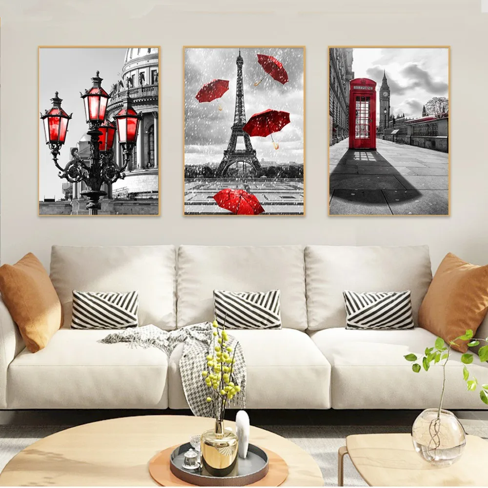 

Black and White Tower Red Umbrella Canvas Painting Paris Street Wall Art Poster Prints Decorative Picture Living Room