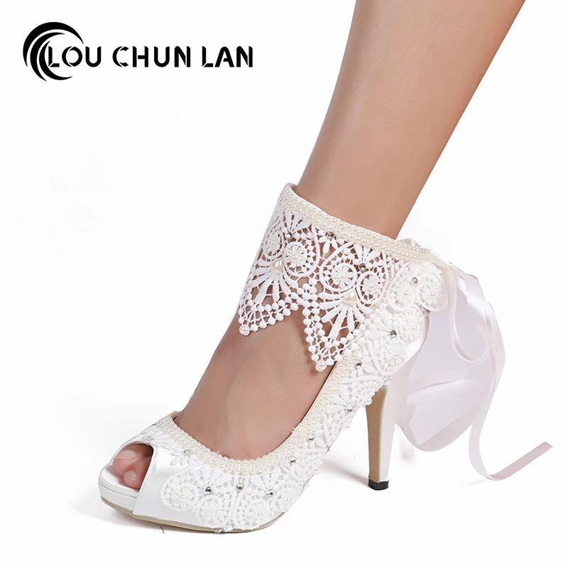 Женская обувь туфли лодочки Свадебная атласная с кружевом и жемчугом