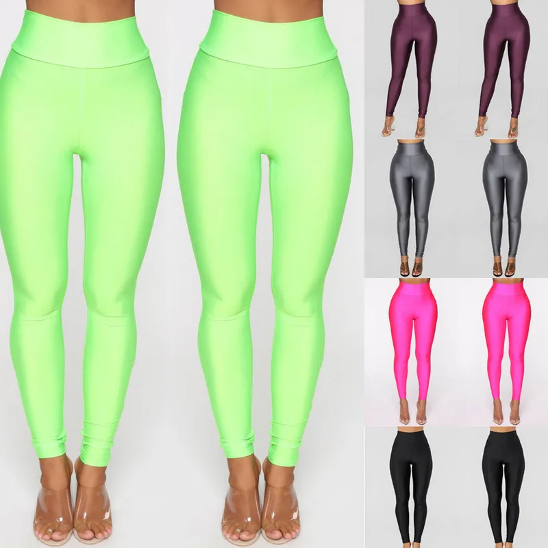 

Women's Sports Workout Pants PU Stretch Bodycon High Waist Fitness Trousers Solid Color Casual Slim Autumn Ladies Pants