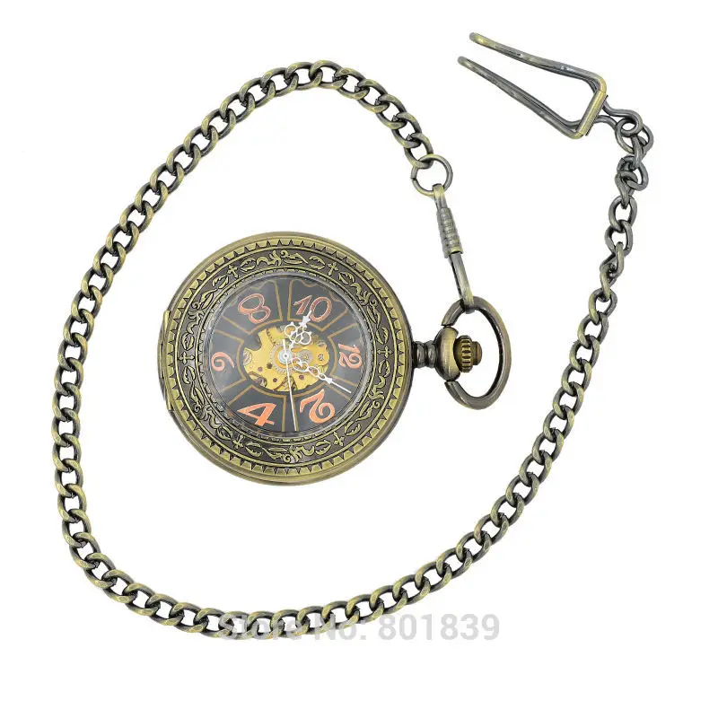 Vintage Magnifier Case Arabic Black Dial Number Hand Wind Mechanical Men Pocket Watch 17 Jewels w/Chain Reloj De Bolsillo | Наручные часы