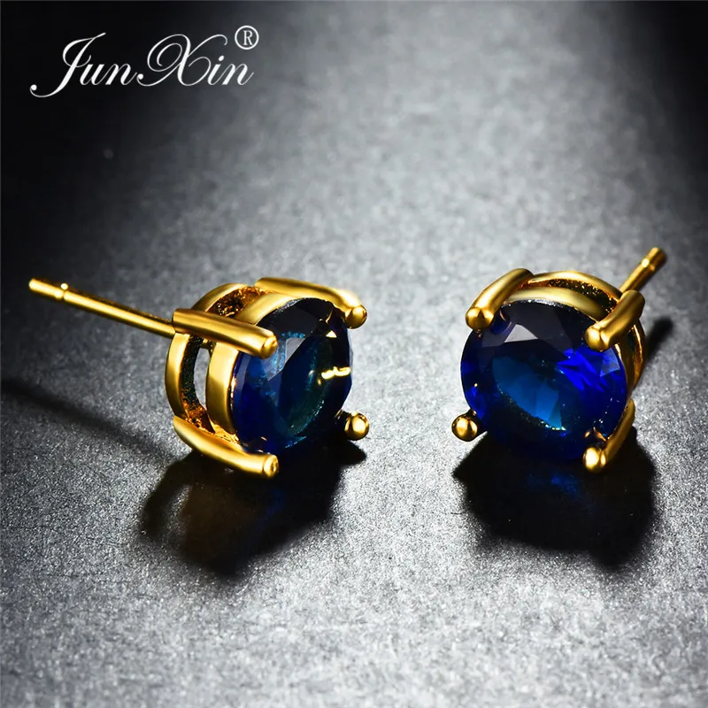 JUNXIN Mystic Multicolor Zircon Round Stud Earrings For Women Yellow Gold Filled Purple Green Blue Stone Wedding Female | Украшения и