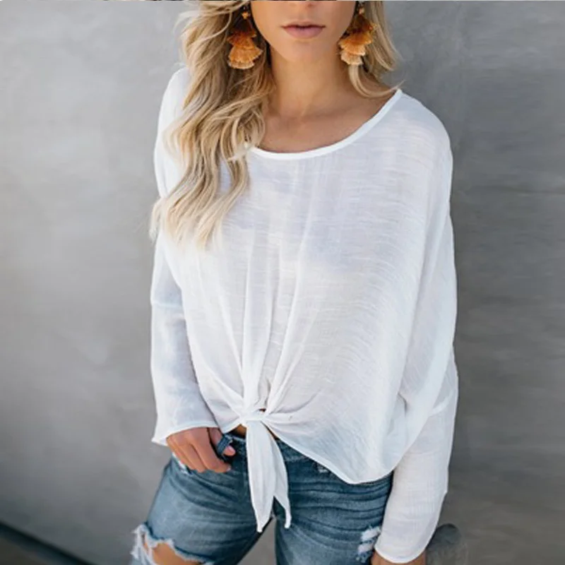 Women Bow Tie Long Sleeve Blouse Autumn Loose O Neck Tops Female Casual Solid Blouses Streetwear |