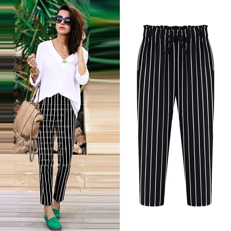 

Plus fertilizer XL women's summer dress fat MM Slim thin vertical stripes thin section casual Harlan nine pants