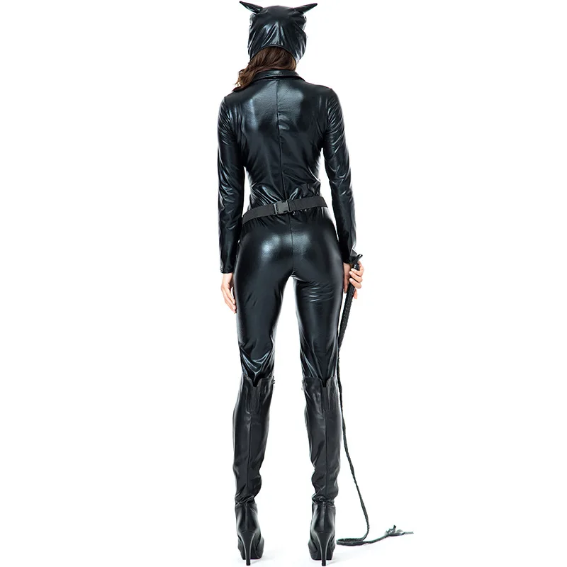 

2018 New women Cat costume Women Faux Leather bat Hero cosplay costume Black Latex Catsuit Halloween Animial Cat Costume