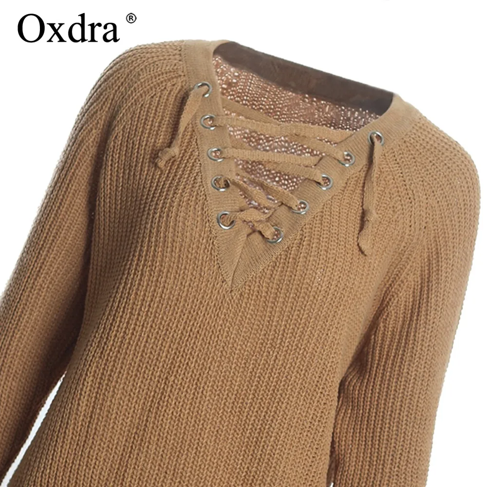 Oxdra 2018 осень-зима Свободные Твердые вязать свитера с v-образным вырезом на