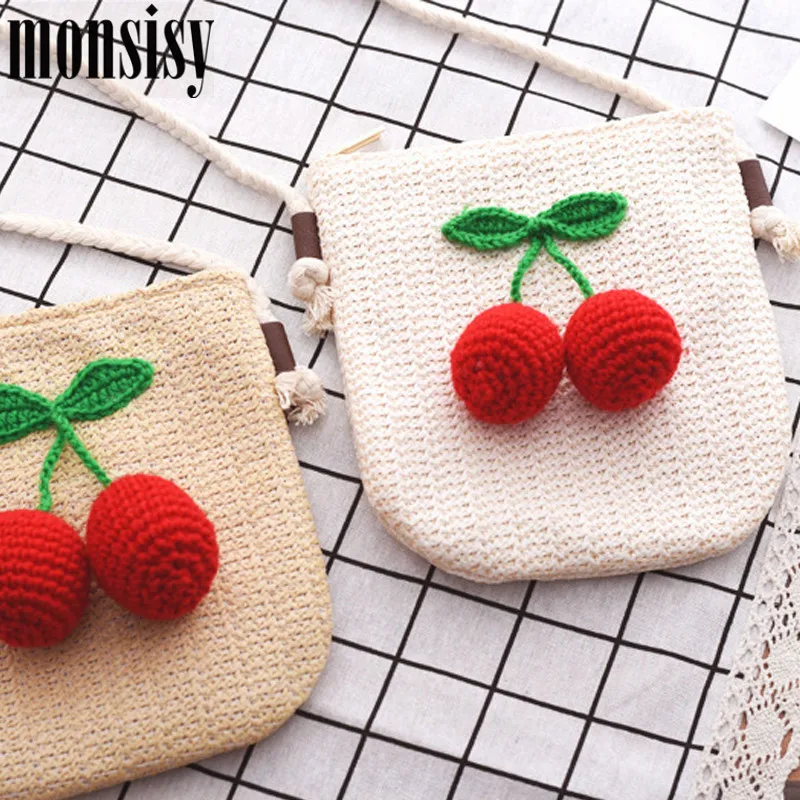 Monsisy Summer Straw Bag For Women Cherry Beach Girl Handbag Wallet Purse Causal Rattan Messenger |