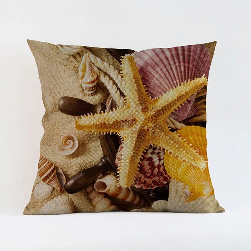 Чехол с рисунком морской звезды ракушки раковины льняная Подушка летняя синяя