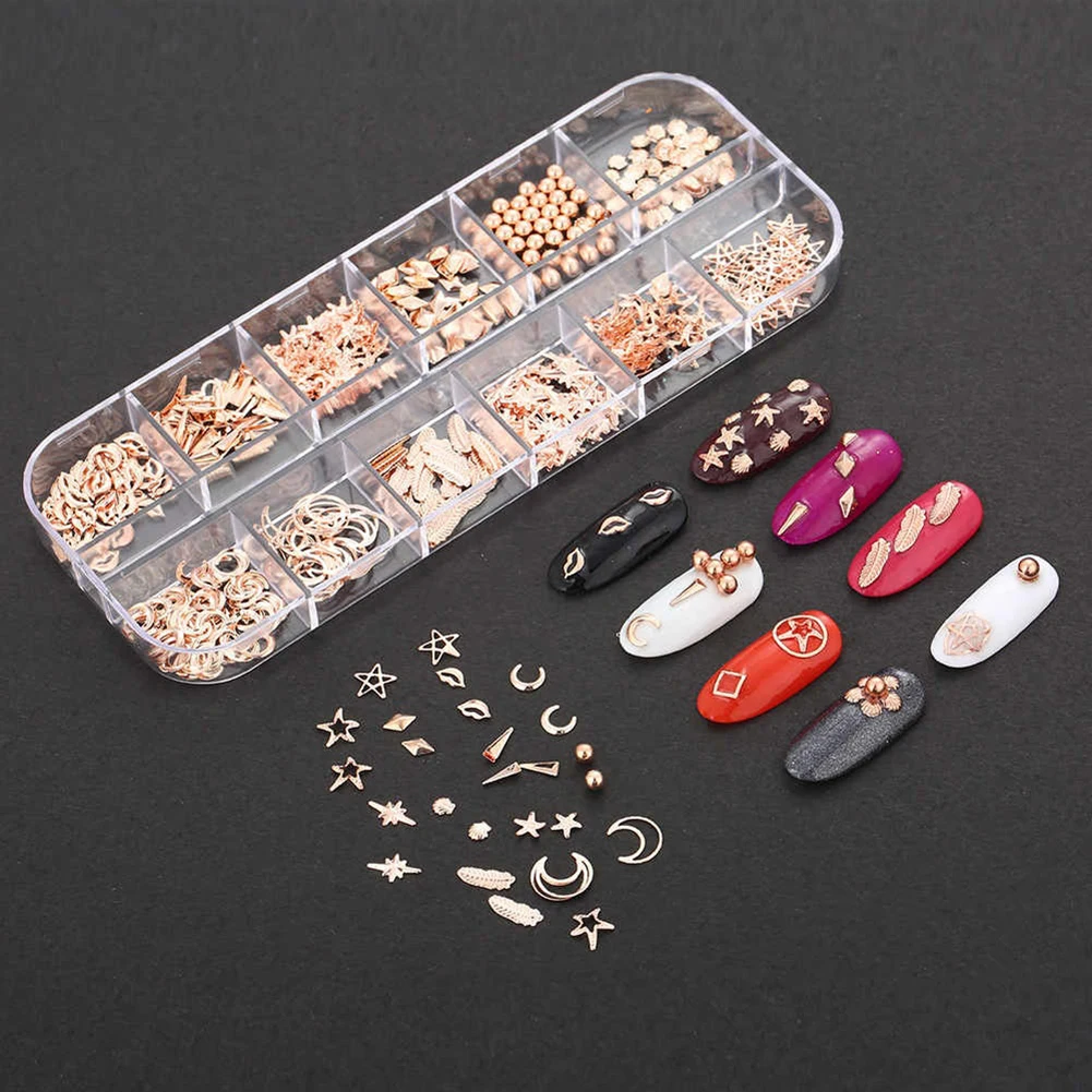 Hot 12 Style Punk Metallic 3D Moon Starfish Nail Art Decorations Multicolor Studs Horse Eye Rhinestones for Decora | Красота и