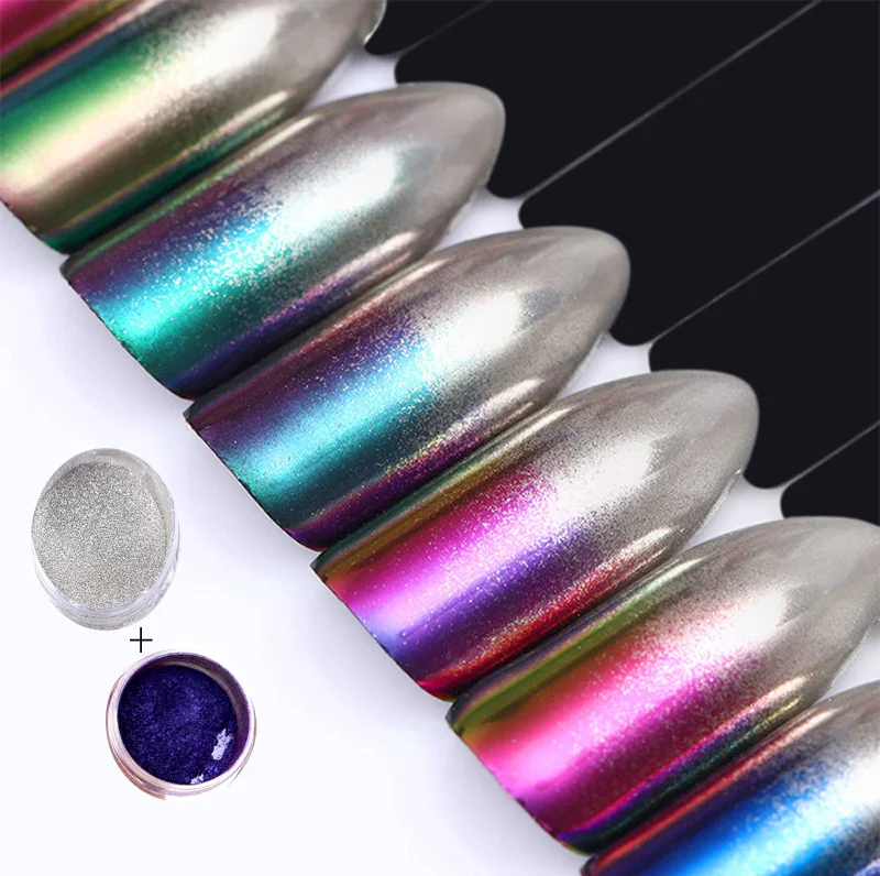 

2 Boxes/ Set Chameleon Silver Mirror Powder Gradient Color Chrome Pigment Glitter Powder Manicure Nail Art Chrome powder