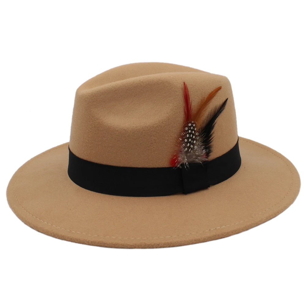 Детская шляпа в стиле ретро из чистой шерсти Fedora Derby, Трилби, черная лента, перья фазана, лента, котелок, гангстер, Кепка(54 см, регулируемый канат