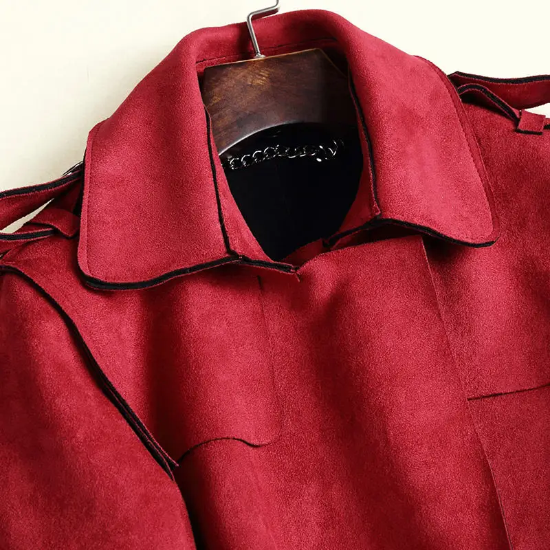 

2020 Autumn New Elegant Red Suede Trench Coat Women Fashion Ladies Office Windbreaker With Belt Long Coat Women Outerwear C3487