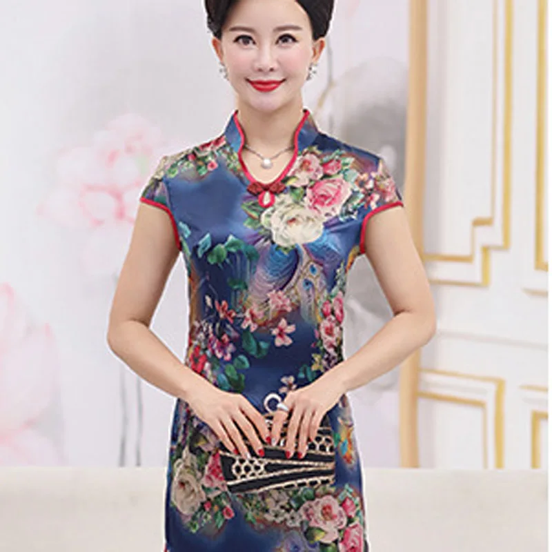 Большие размеры для женщин среднего возраста летнее платье шелк cheongsam старший с