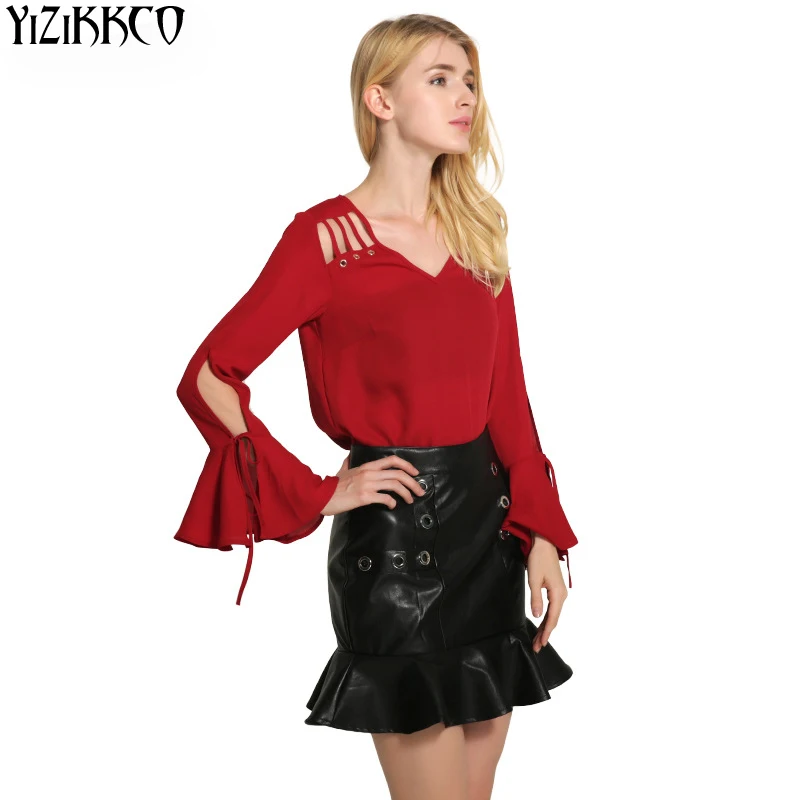 2017 Summer Women Blouse Butterfly Sleeve Bandage Fashion Blouses V-Neck Solid Tops Vetement Femme Camisas Femininas TS053 |