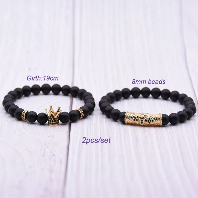 Black Matte Beads Bracelets 8mm Onyx Stone Sets Charm King Crown for Women Men Jewelry pulseras mujer para hombre | Украшения и