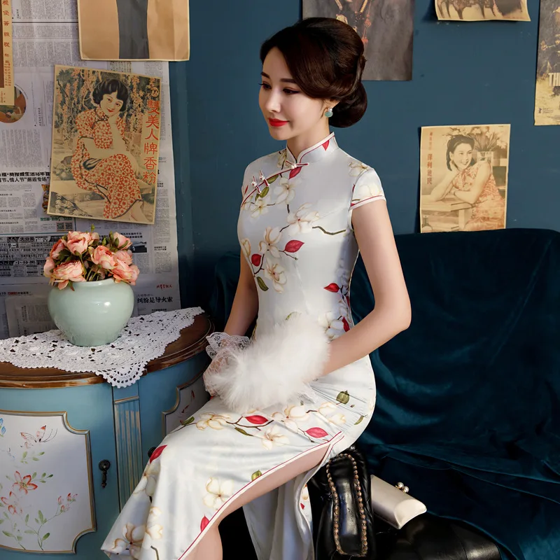 2019 длинное шелковое платье Qipao в китайском стиле элегантное платье-Ципао |
