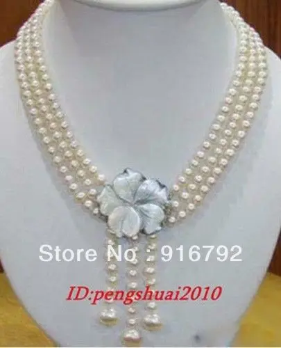 

free shipping >>>>>Noble Jewelry 3 rows white Freshwater pearl lady's necklace shell Flower