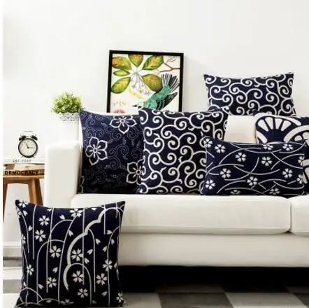

deep blue cushion cover retro floral pillow case cotton linen pillow cover Chinese vintage pillowcase home decor