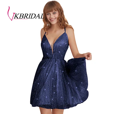 Navy VKbridal крест сзади трапециевидные тюлевые платья для выпускного вечера блестящие коктейльные платья короткие для юных выпускных платьев - Цвет: Navy