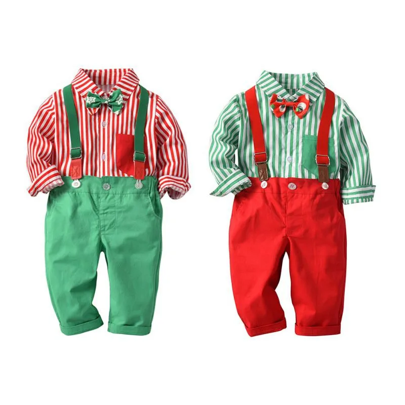 Christmas Costume Baby Boy Suit Set Red Green Striped Shirt + Bib Clothes Xmas Wedding | Детская одежда и обувь