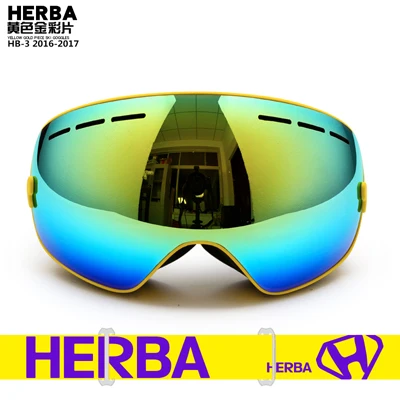 Новинка, лыжные очки HERBA, двойные линзы, UV400, анти-туман, для взрослых, сноуборд, Лыжный спорт, очки для женщин, мужчин, снежные очки - Цвет: Yellow Frame Gold