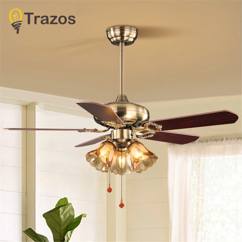

TRAZOS Village Wooden Ceiling Light Fan Wood Pull rope Decorative Ceiling Fans Grass Lampshade Fan Lamp Ventilador De Techo
