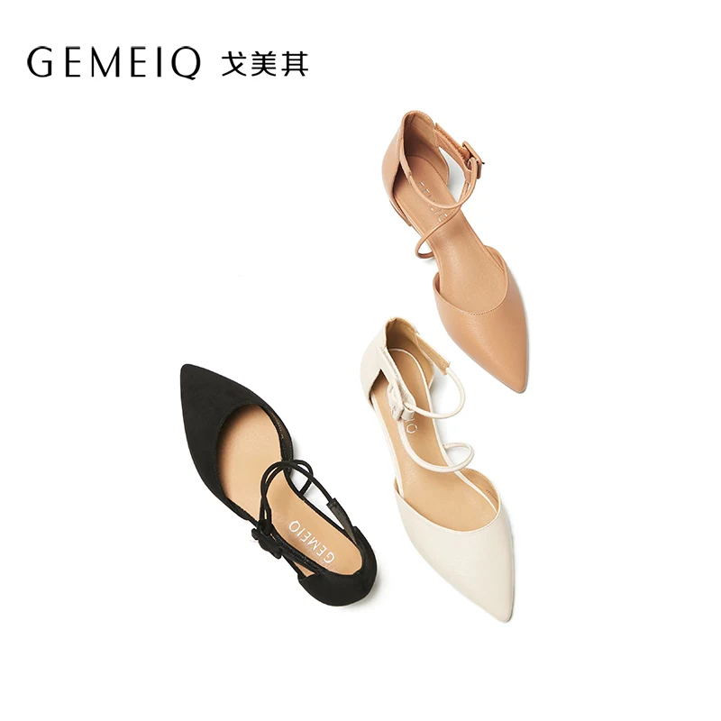GEMEIQ/ г. Новые весенние открытые туфли с пряжкой на ремешке женские туфли с острым носком на плоской подошве легко застёгивающийся на каждый день
