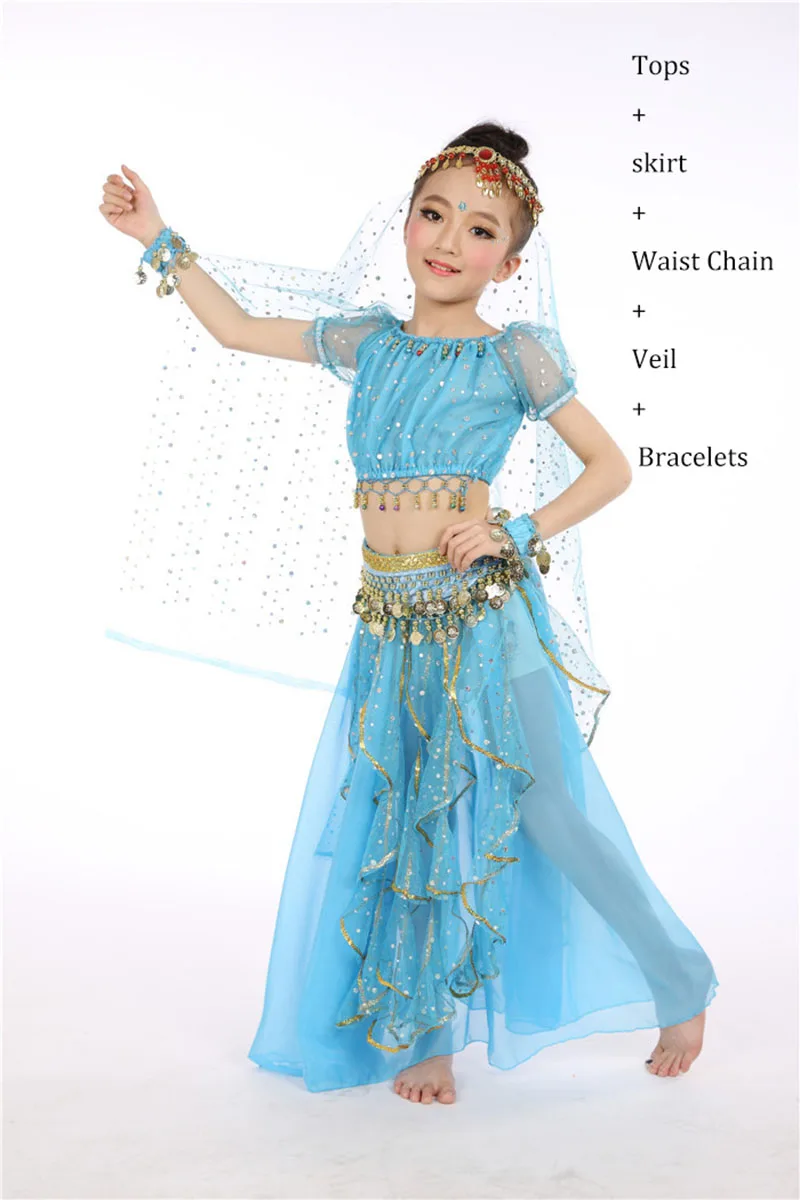 Lake Blue 5 pcs Классические костюмы для танца живота для девочек; цвет красный, желтый, синий, фиолетовый; Топы+ юбка; оригинальные красивые детские сценические костюмы; Q4012 - Цвет: Lake Blue 5 pcs