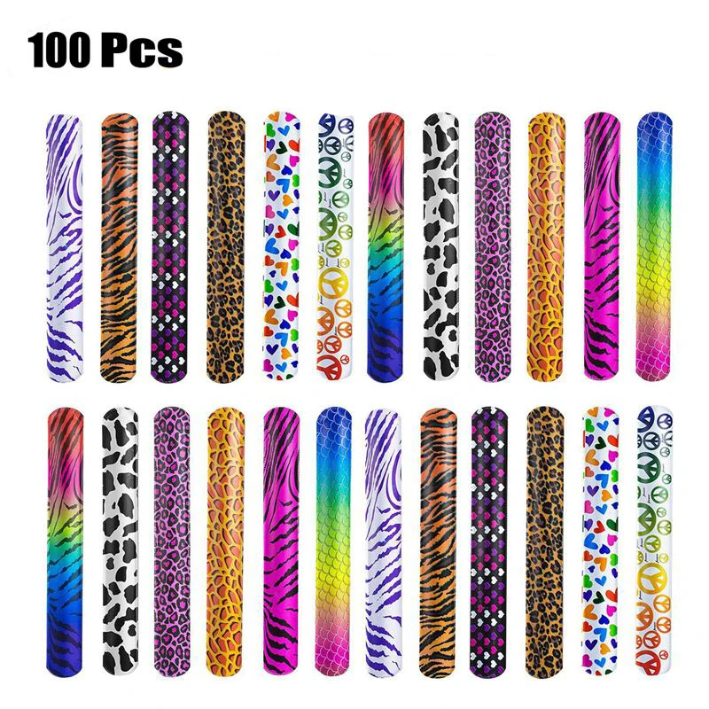 

100PCS Slap Bracelet Party Gifts Animal Design Patterns Hearts Printed Party Wrist Strap Slap Bands Party Favors