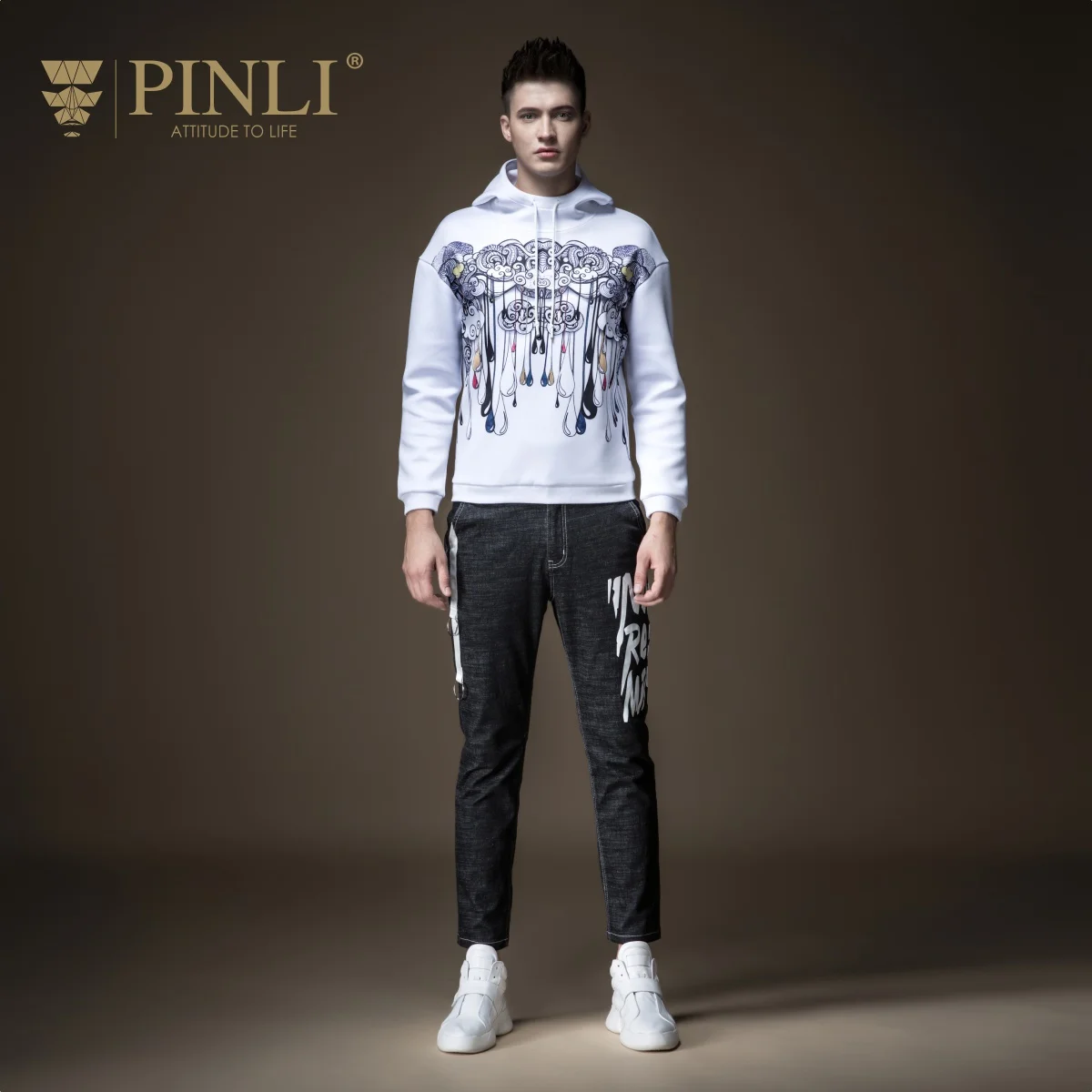 Джинсы мужские облегающие с принтом полной длины Pinli Pin Li Новинка осени ноги