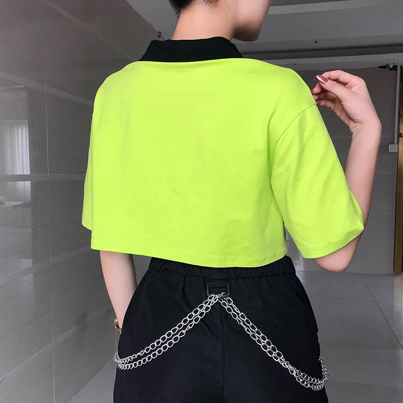 Weekeep Cropped Loose Letter Print t shirt Women Streetwear Turn-down Collar Short Sleeve tshirt Sexy Crop Top Women