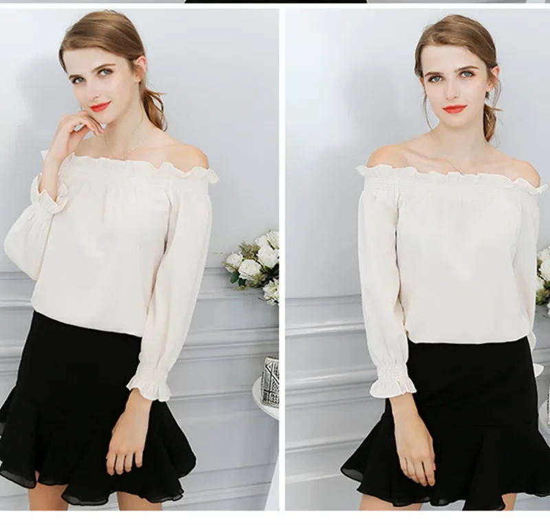 

Fashion Women Off Shoulder Blouse White Black Chiffon Shirt Long Sleeve Summer Lady Loose Work Blouses Tops Elegant Party Shirt