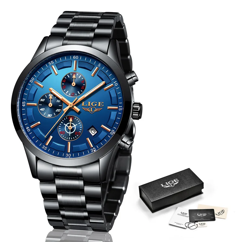 black blue Relojes Hombre LIGE мужские часы Топ бренд класса люкс бизнес синий циферблат полностью стальные водонепроницаемые новые часы мужские спортивные кварцевые часы - Цвет: black blue