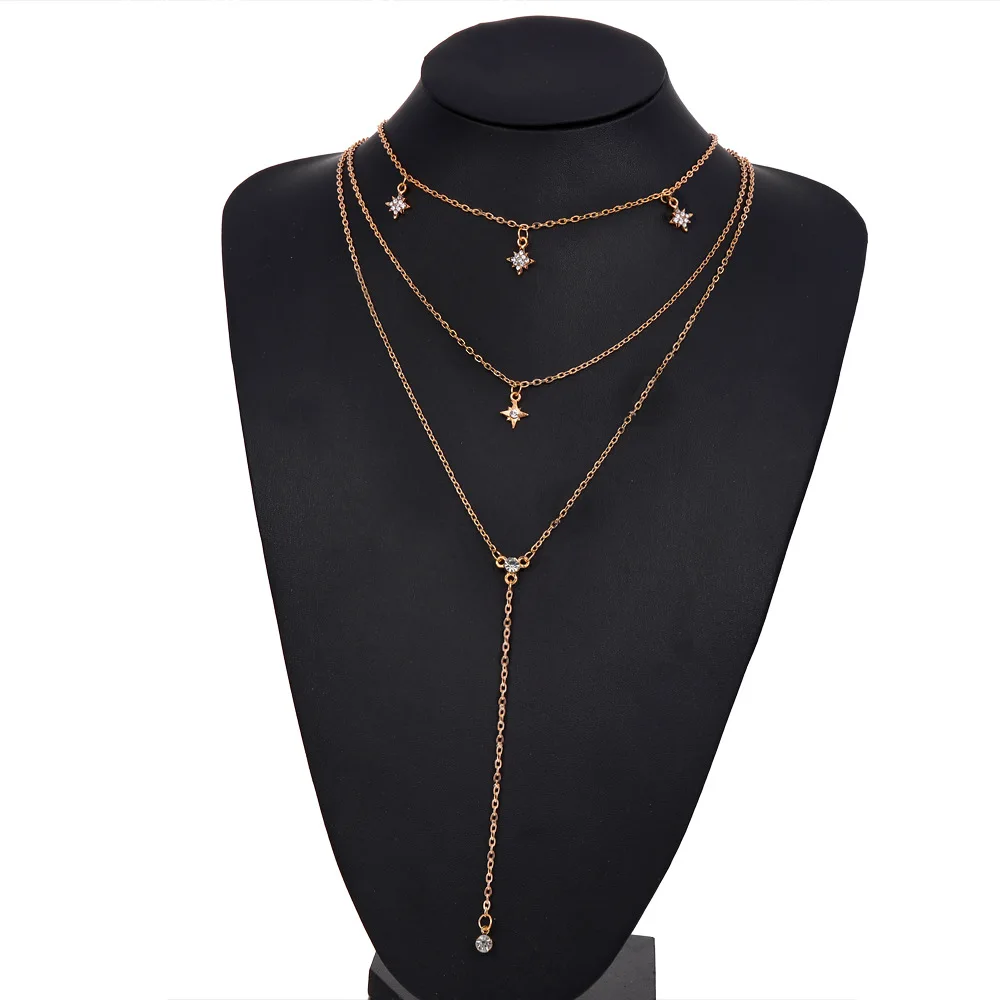 

12 Pieces/Lot Crystal Star Necklaces For Women Metal Long Chain Round Rhinestone Pendants Necklace Charm Jewelry Accessories