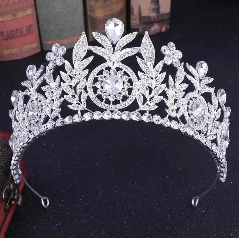 Silver White KMVEXO в стиле барокко, лист розы, розовый кристалл, принцесса, Свадебные короны для женщин, цветы, благородные большие диадемы, свадебные украшения, аксессуары для волос - Окраска металла: Silver White