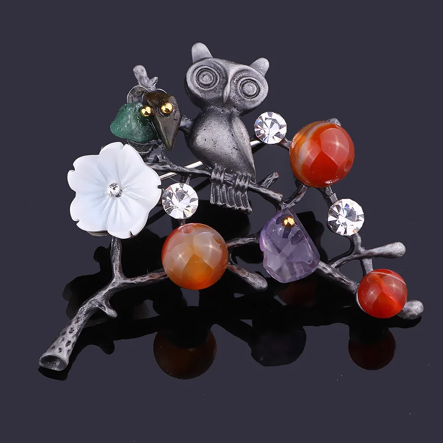 FARLENA Jewelry Винтаж Сова Броши Булавки с натуральным камнем Бисер для Для женщин - Окраска металла: RED