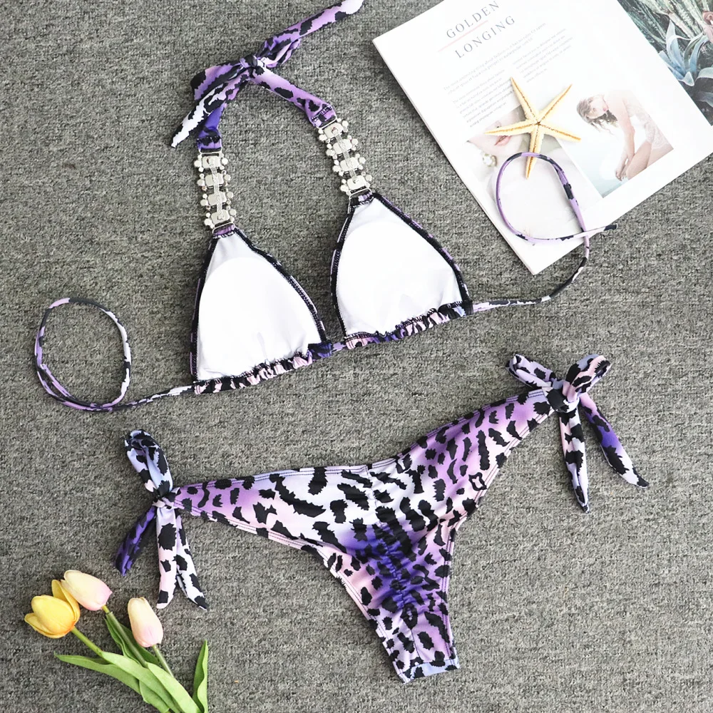 Бикини со стразами 2019 сексуальные купальники Для женщин с лямкой на шее в тон