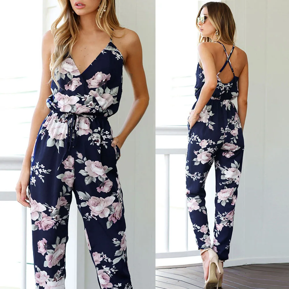 Women Bohemian Backless Sleeveless V-Neck Floral Printed Loose Summer Clothes Beach Jumsuit | Женская одежда