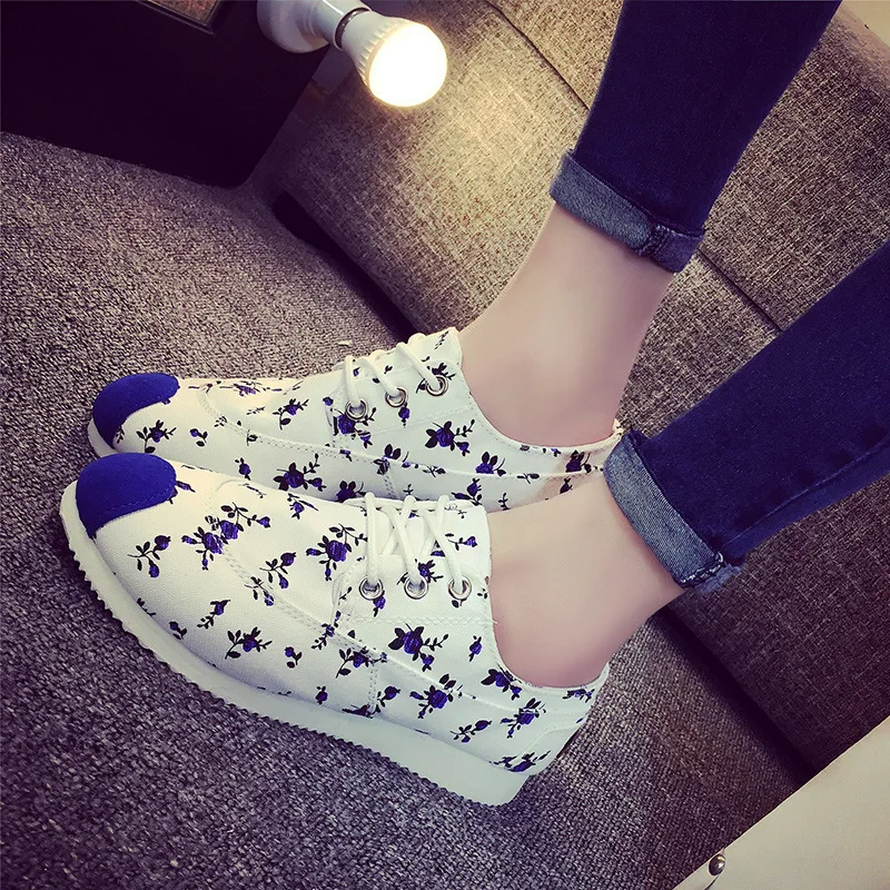 Женщин Печатных Цветок Круглый Носок Зашнуровать Холст Плоский Каблук Обувь